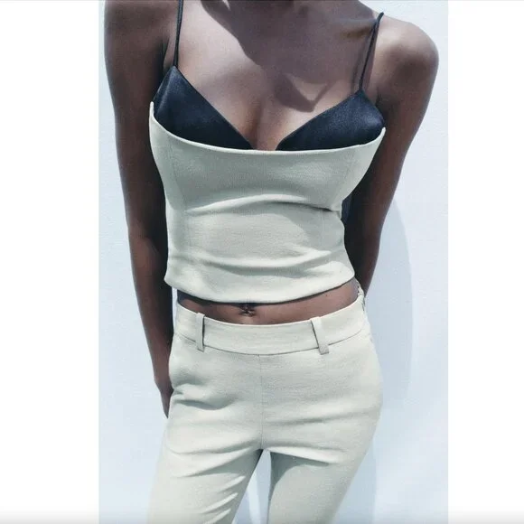 BLOGGER'S FAVE! Zara 2 Piece Flared Pants And Matching Tank Top Set Khaki NWT - Picture 3 of 14